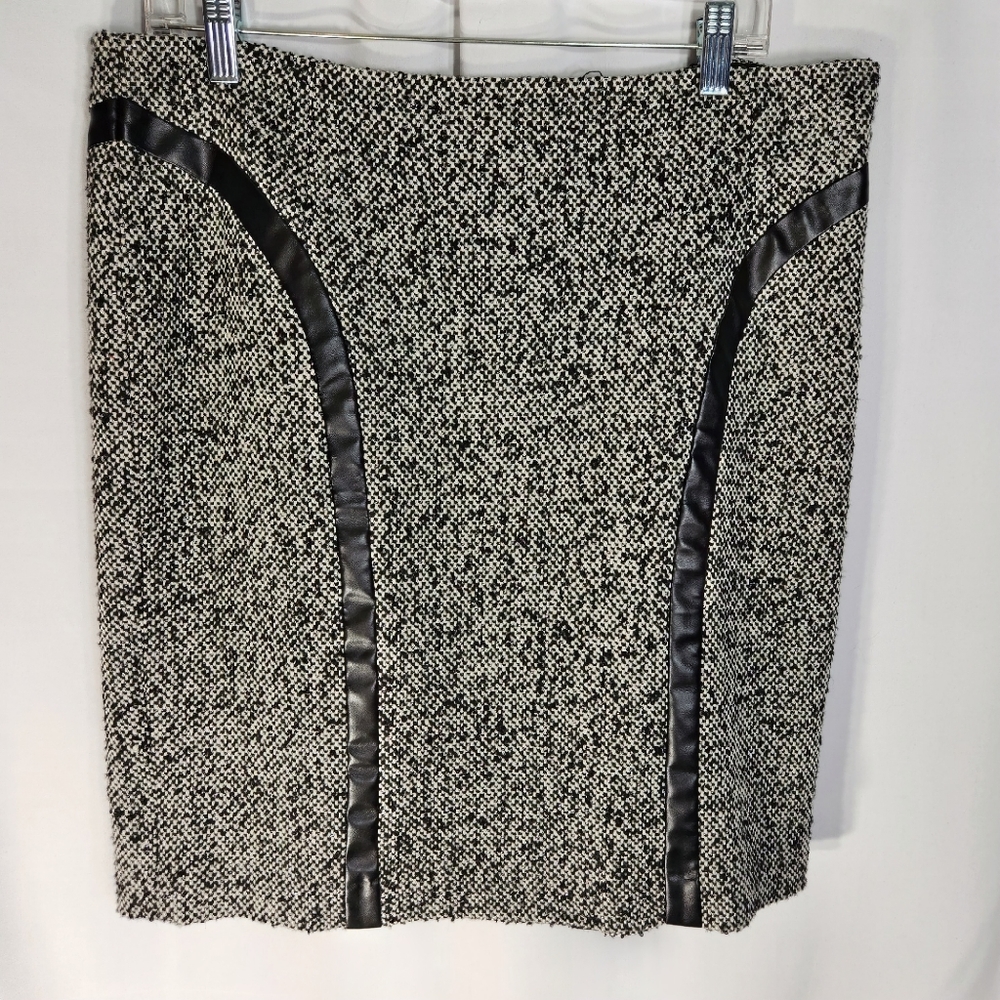 Rafaella Black & White Faux Leather Accent Wool Blend Skirt Plus Size 14